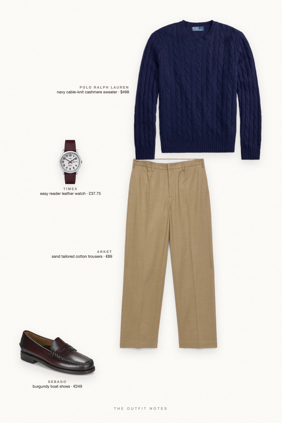 Flat-lay of the pieces in this outfit: navy cable-knit cashmere sweater, sand tailored cotton trousers, burgundy boat shoes, easy reader leather watch.