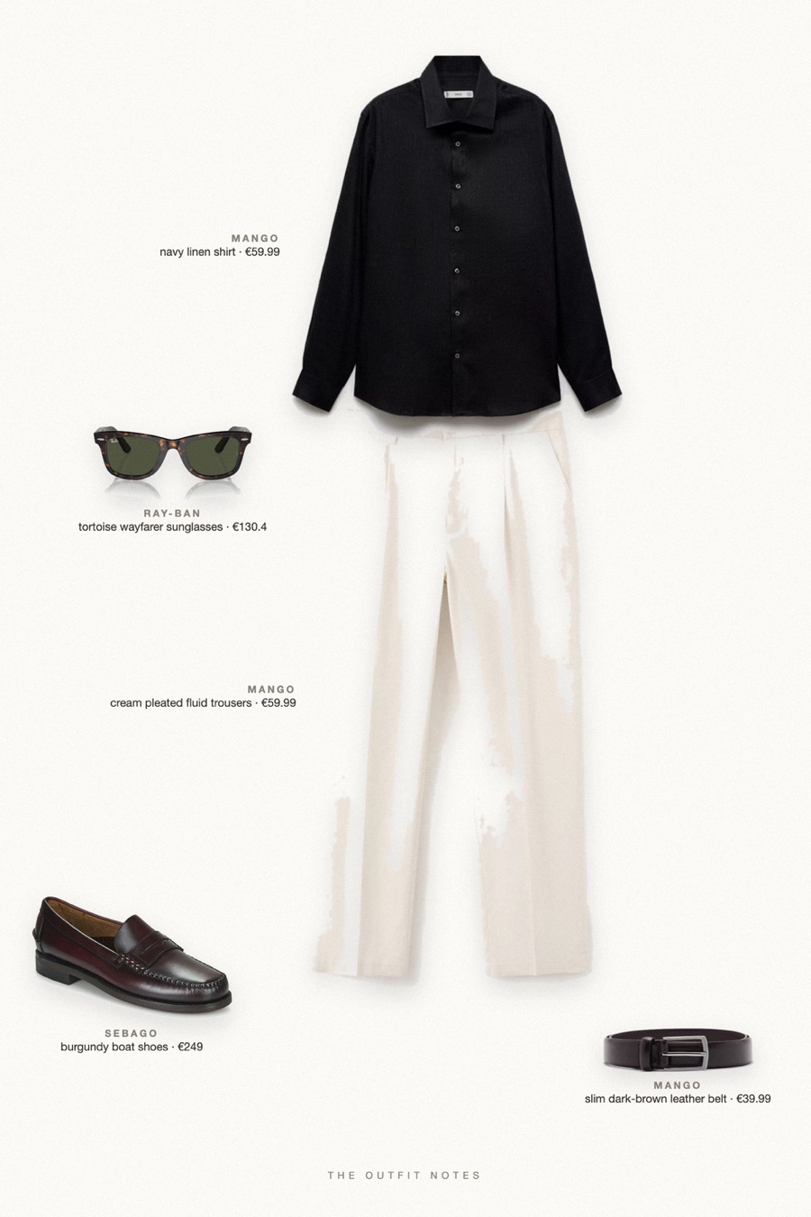 Flat-lay of the pieces in this outfit: navy linen shirt, cream pleated fluid trousers, burgundy boat shoes, slim dark-brown leather belt, tortoise wayfarer sunglasses.