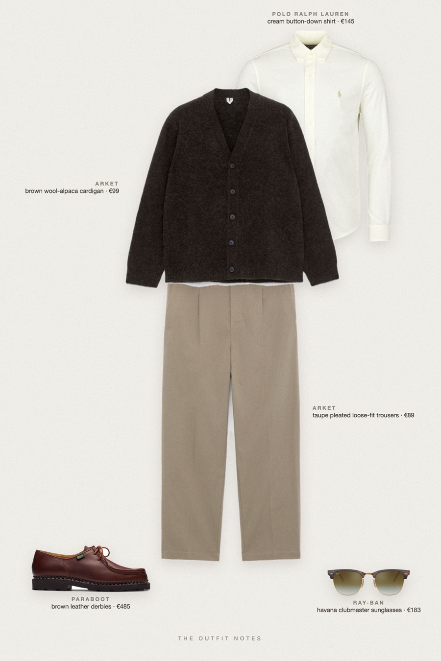 Flat-lay of the pieces in this outfit: brown wool-alpaca cardigan, cream button-down shirt, taupe pleated loose-fit trousers, brown leather derbies, havana clubmaster sunglasses.