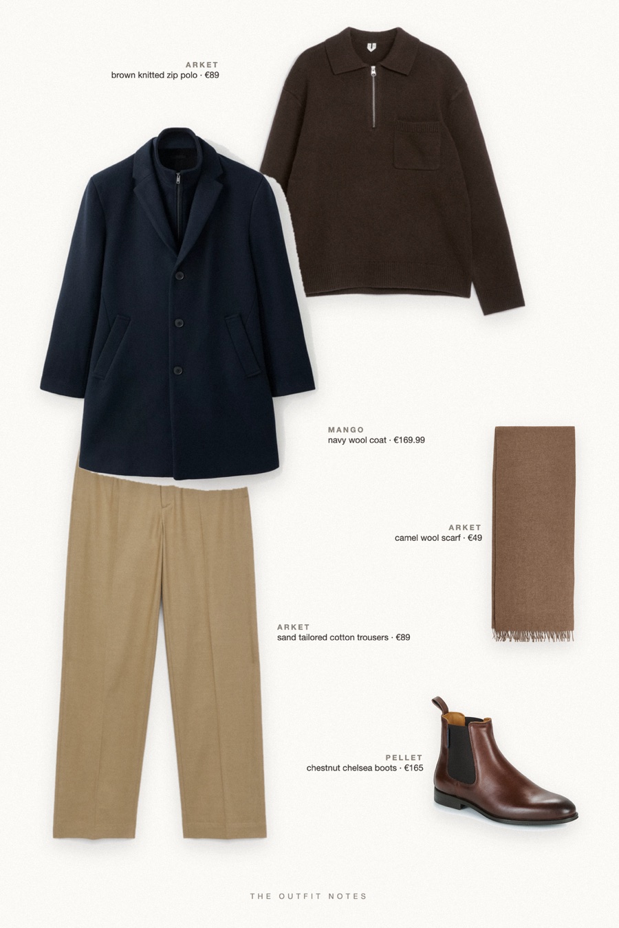 Flat-lay of the pieces in this outfit: navy wool coat, brown knitted zip polo, sand tailored cotton trousers, chestnut chelsea boots, camel wool scarf.