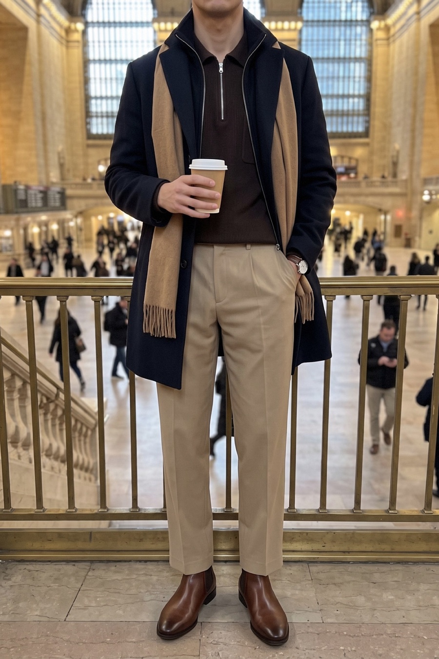 Faceless photo in a train station: navy wool coat, brown zip polo, sand trousers, chestnut chelsea boots and a camel scarf.