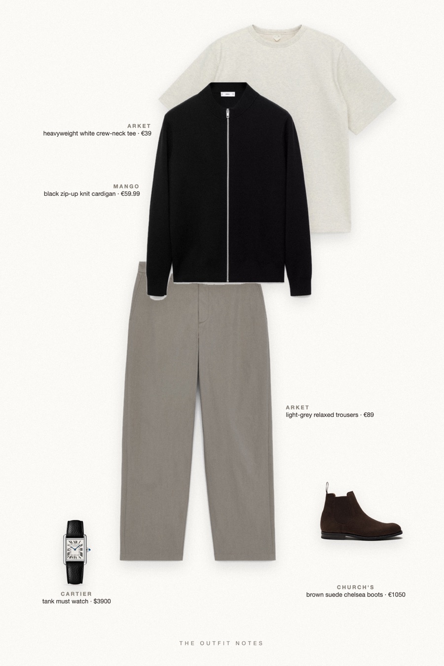 Flat-lay of the pieces in this outfit: black zip-up knit cardigan, heavyweight white crew-neck tee, light-grey relaxed trousers, brown suede chelsea boots, tank must watch.