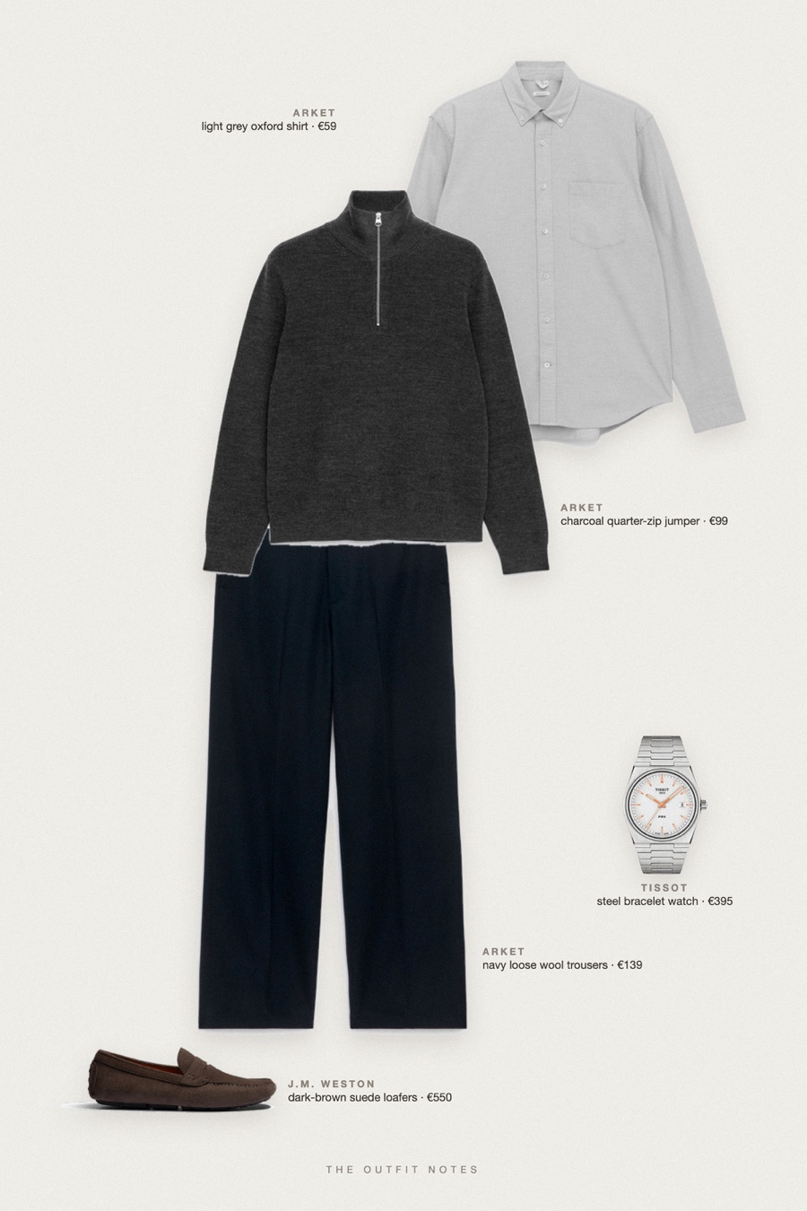 Flat-lay of the pieces in this outfit: charcoal quarter-zip jumper, light grey oxford shirt, navy loose wool trousers, dark-brown suede loafers, steel bracelet watch.