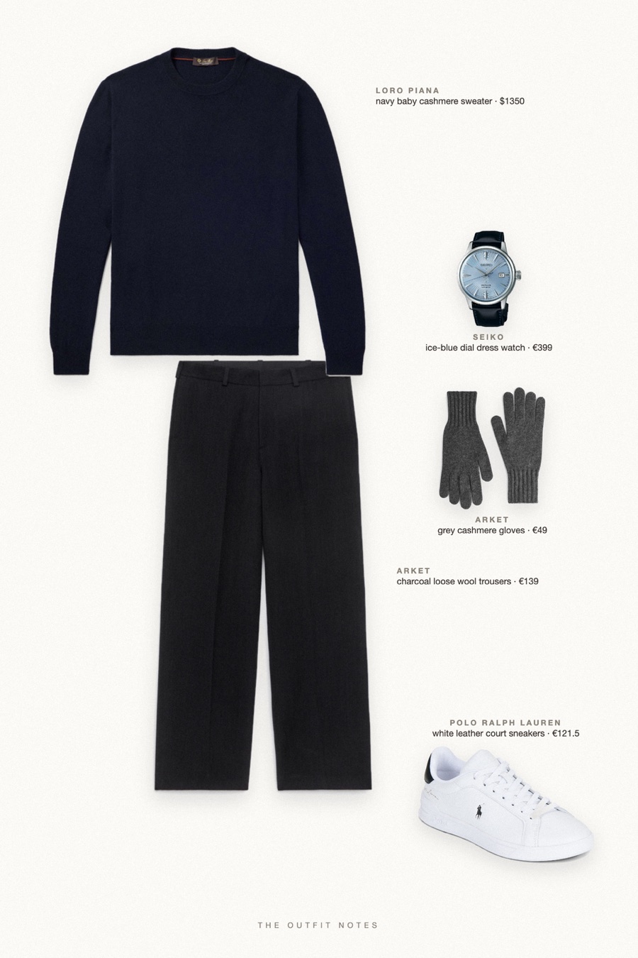 Flat-lay of the pieces in this outfit: navy baby cashmere sweater, charcoal loose wool trousers, white leather court sneakers, grey cashmere gloves, ice-blue dial dress watch.