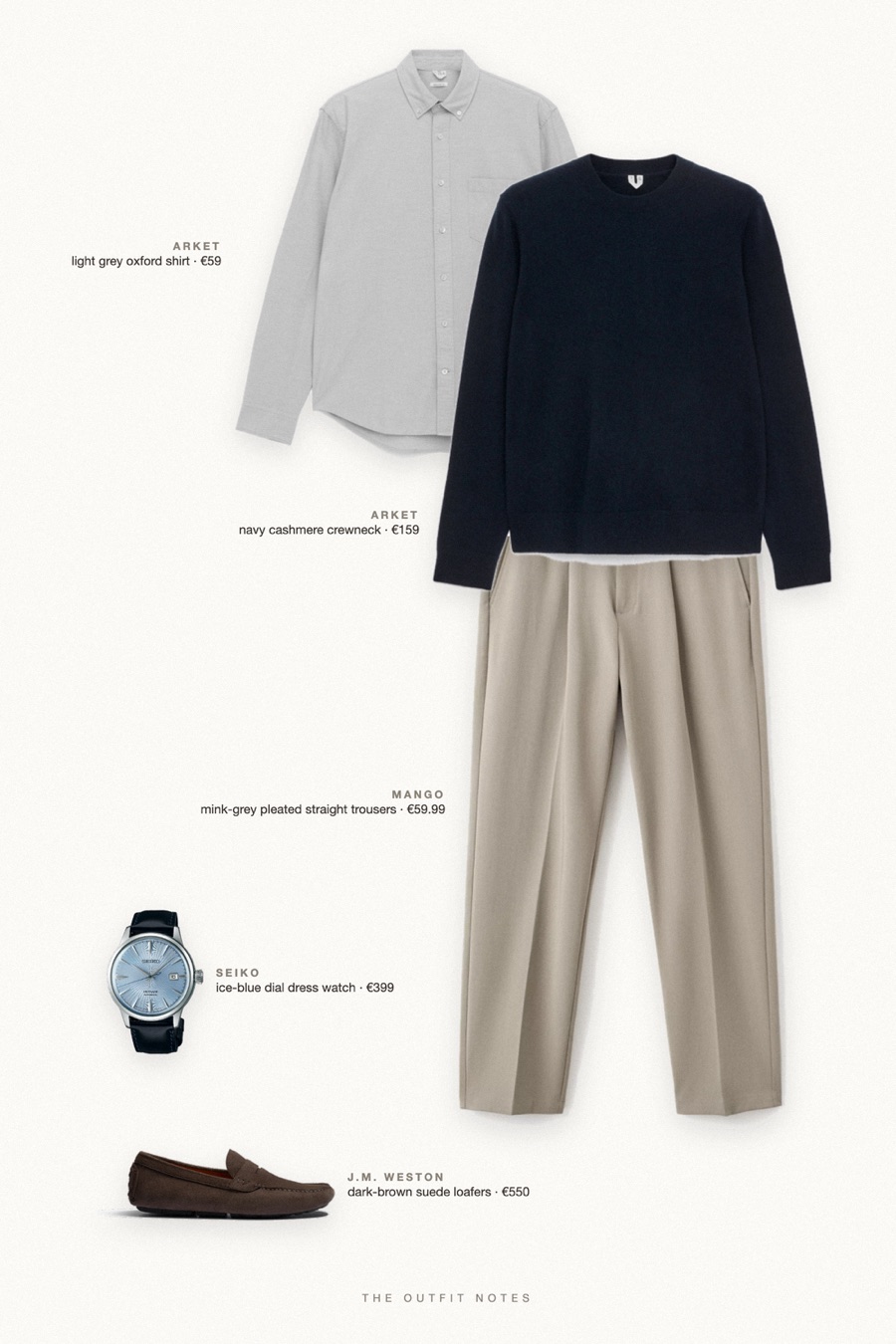Flat-lay of the pieces in this outfit: navy cashmere crewneck, light grey oxford shirt, mink-grey pleated straight trousers, dark-brown suede loafers, ice-blue dial dress watch.