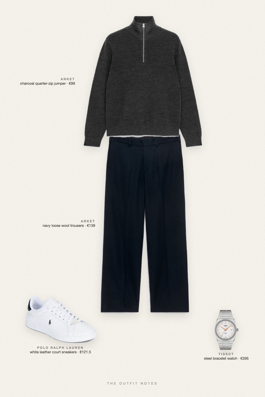 Flat-lay of the pieces in this outfit: charcoal quarter-zip jumper, navy loose wool trousers, white leather court sneakers, steel bracelet watch.