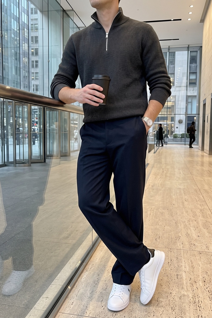 Faceless mirror photo of a man in an elevator wearing a charcoal half zip jumper, navy wool trousers, white leather sneakers and a steel watch.