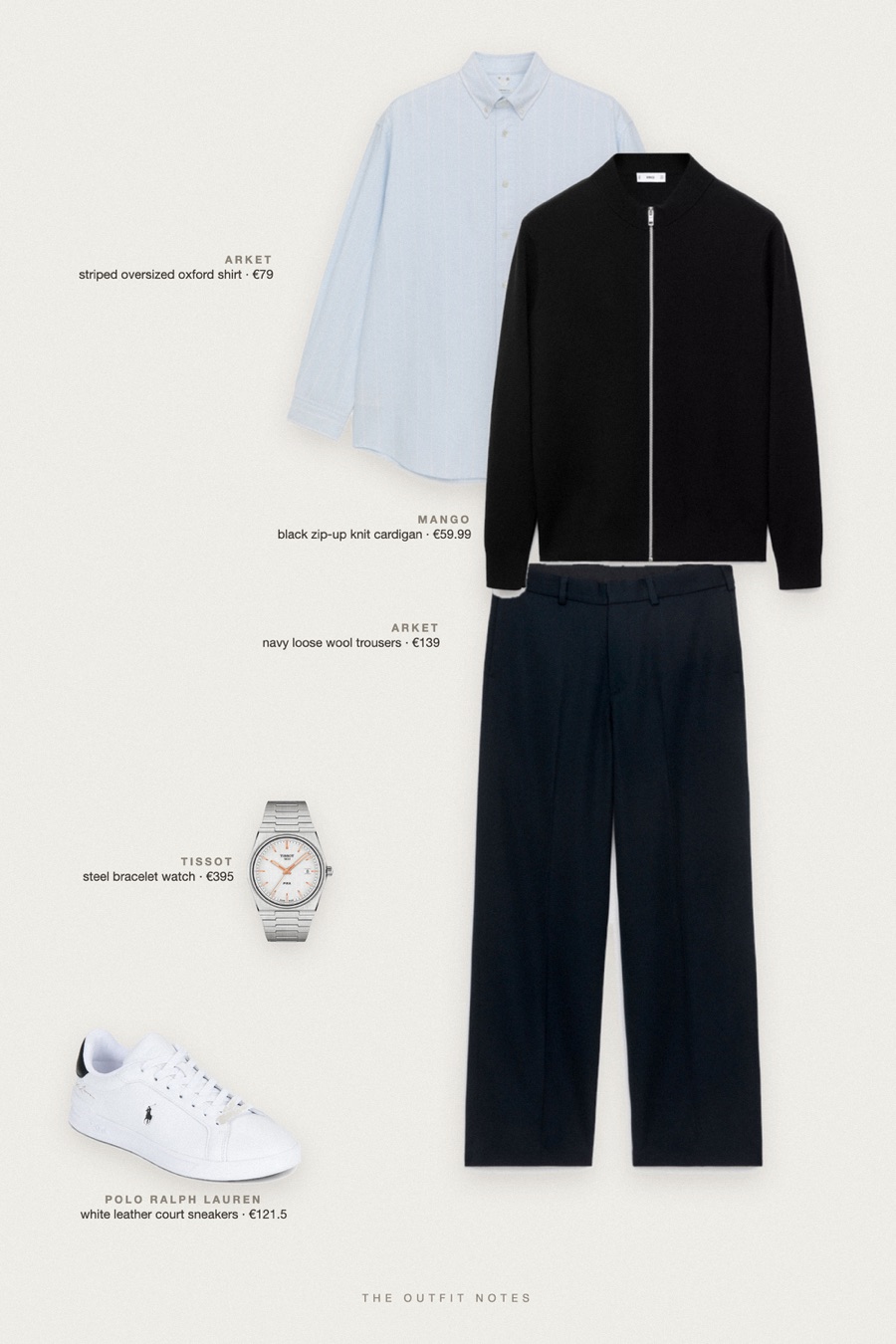 Flat-lay of the pieces in this outfit: black zip-up knit cardigan, striped oversized oxford shirt, navy loose wool trousers, white leather court sneakers, steel bracelet watch.