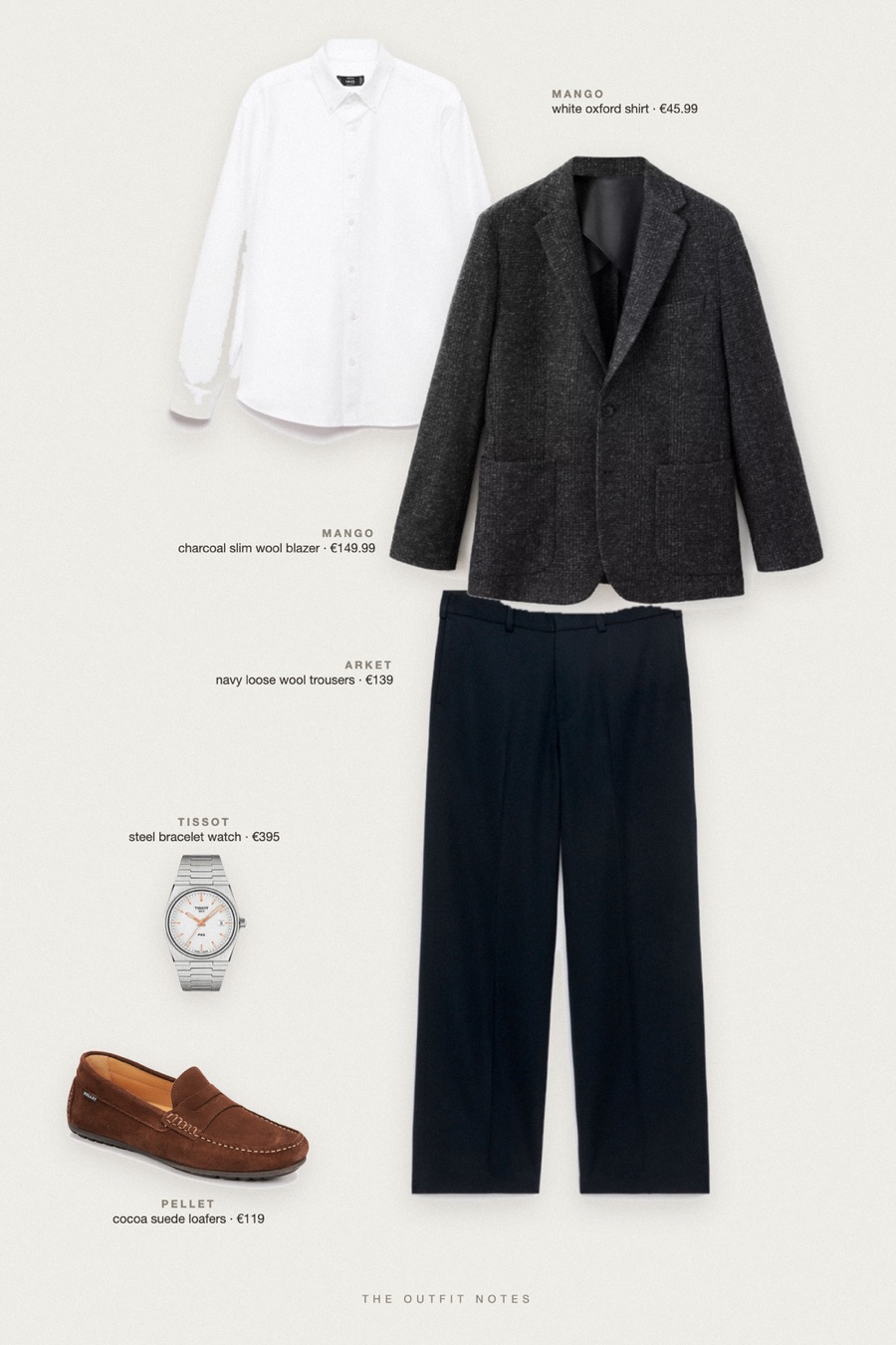 Flat-lay of the pieces in this outfit: charcoal slim wool blazer, white oxford shirt, navy loose wool trousers, cocoa suede loafers, steel bracelet watch.