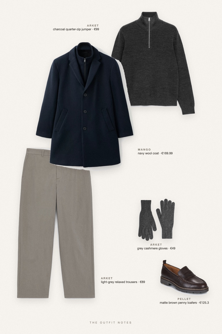Flat-lay of the pieces in this outfit: navy wool coat, charcoal quarter-zip jumper, light-grey relaxed trousers, matte brown penny loafers, grey cashmere gloves.
