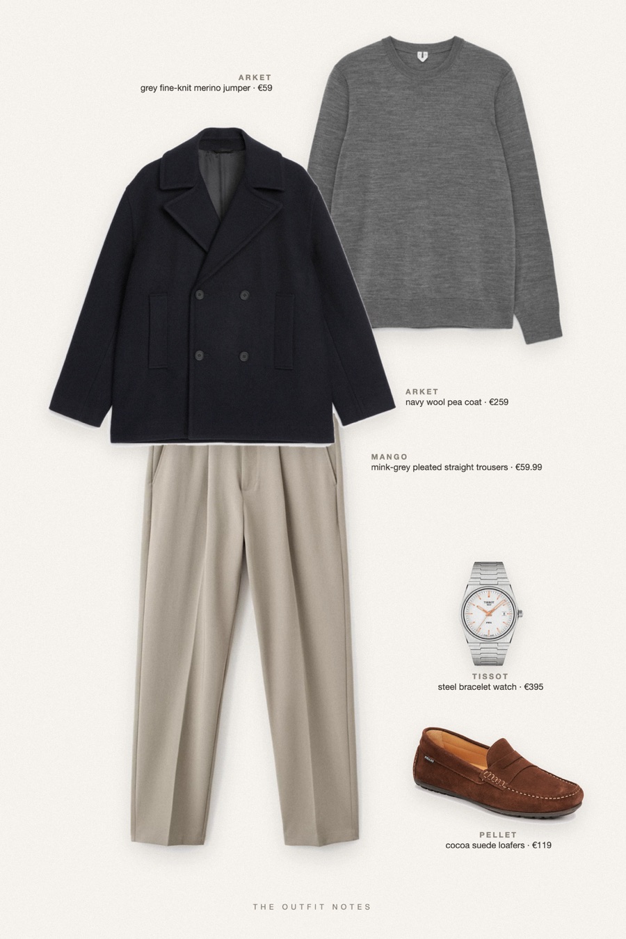 Flat-lay of the pieces in this outfit: navy wool pea coat, grey fine-knit merino jumper, mink-grey pleated straight trousers, cocoa suede loafers, steel bracelet watch.