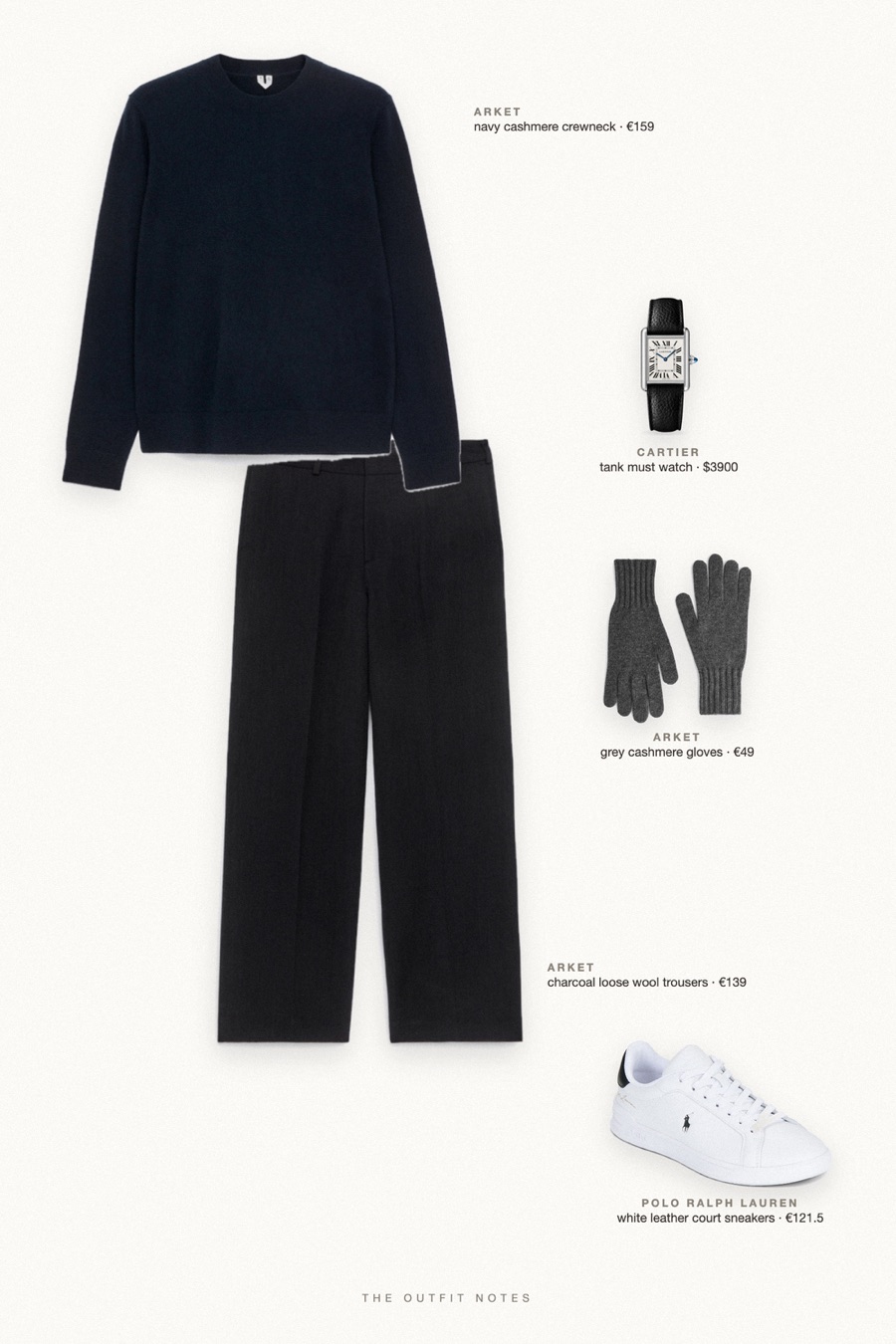 Flat-lay of the pieces in this outfit: navy cashmere crewneck, charcoal loose wool trousers, white leather court sneakers, grey cashmere gloves, tank must watch.