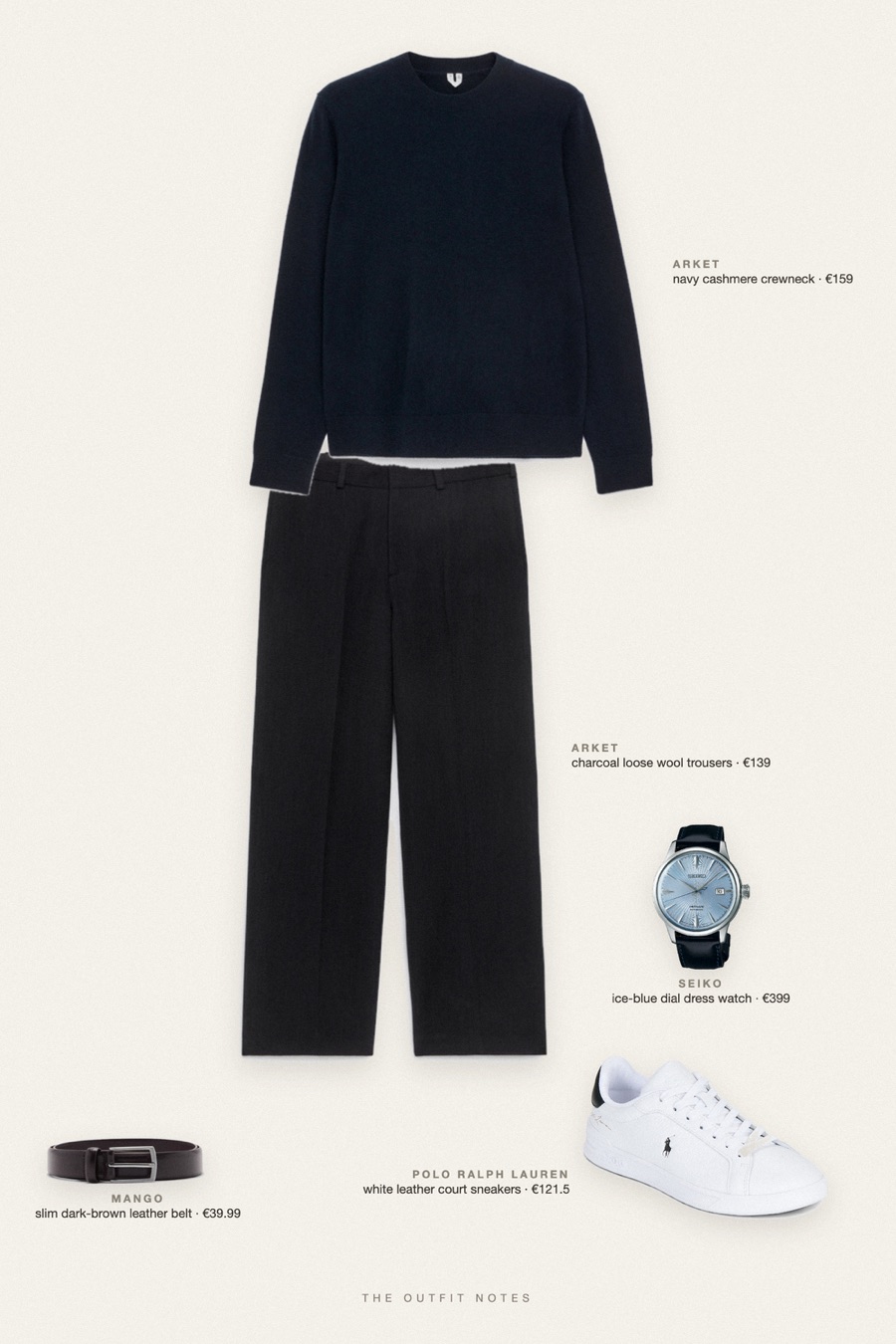Flat-lay of the pieces in this outfit: navy cashmere crewneck, charcoal loose wool trousers, white leather court sneakers, slim dark-brown leather belt, ice-blue dial dress watch.