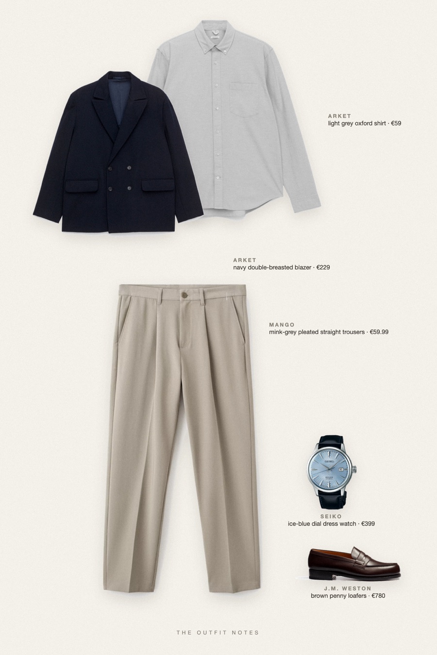 Flat-lay of the pieces in this outfit: navy double-breasted blazer, light grey oxford shirt, mink-grey pleated straight trousers, brown penny loafers, ice-blue dial dress watch.