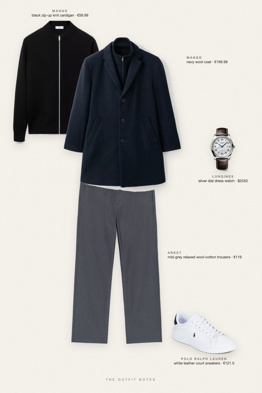 Flat-lay of the pieces in this outfit: navy wool coat, black zip-up knit cardigan, mid-grey relaxed wool-cotton trousers, white leather court sneakers, silver dial dress watch.