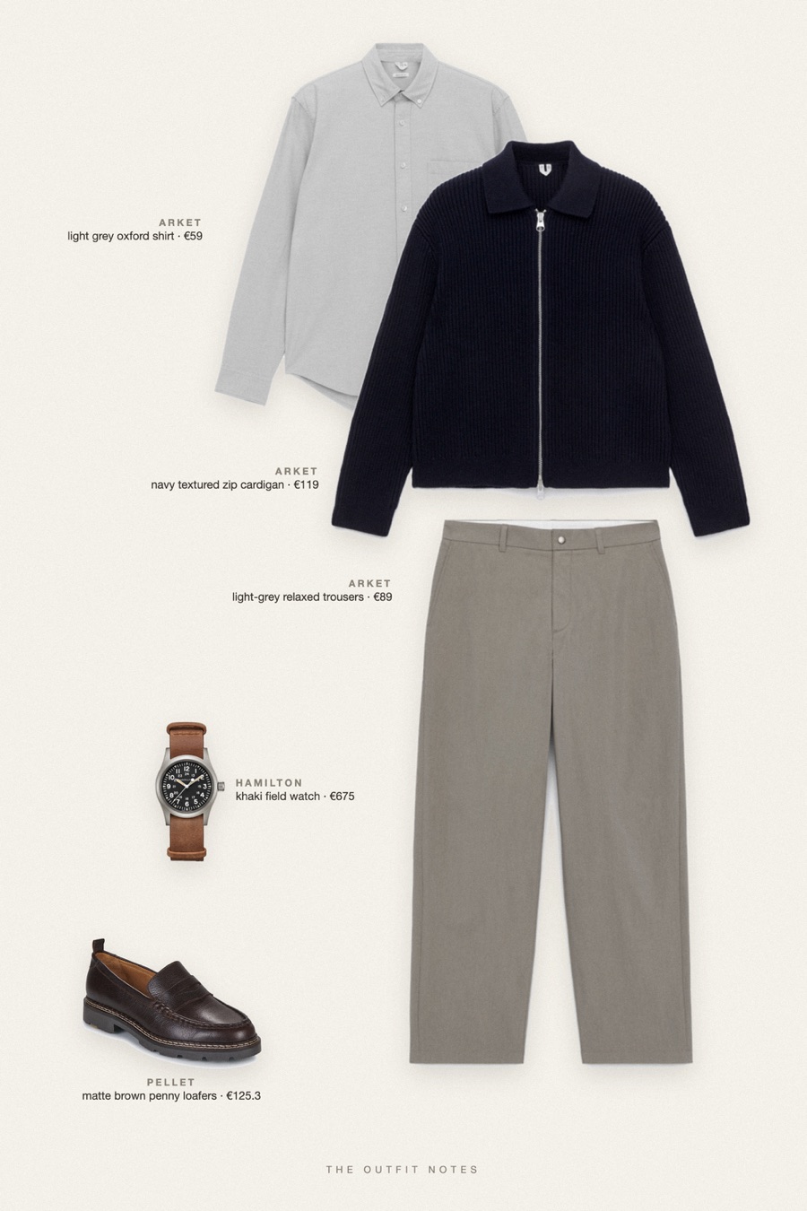 Flat-lay of the pieces in this outfit: navy textured zip cardigan, light grey oxford shirt, light-grey relaxed trousers, matte brown penny loafers, khaki field watch.