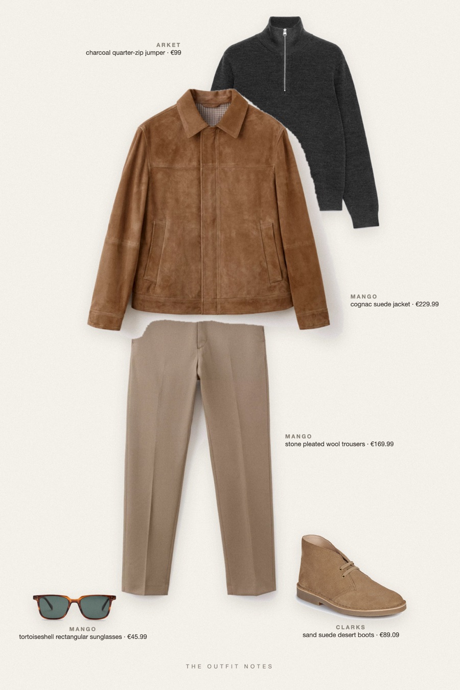 Flat-lay of the pieces in this outfit: cognac suede jacket, charcoal quarter-zip jumper, stone pleated wool trousers, sand suede desert boots, tortoiseshell rectangular sunglasses.