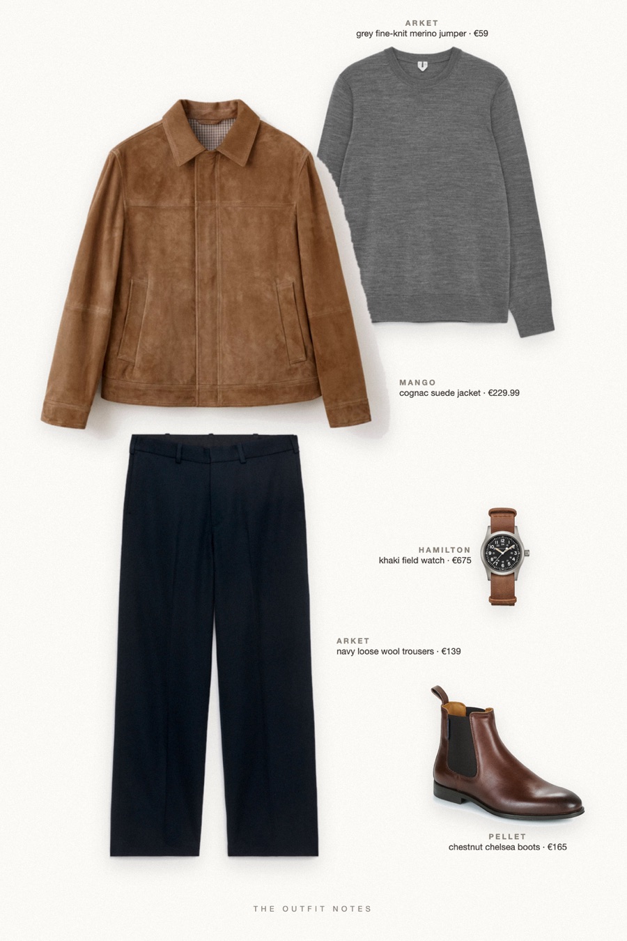 Flat-lay of the pieces in this outfit: cognac suede jacket, grey fine-knit merino jumper, navy loose wool trousers, chestnut chelsea boots, khaki field watch.