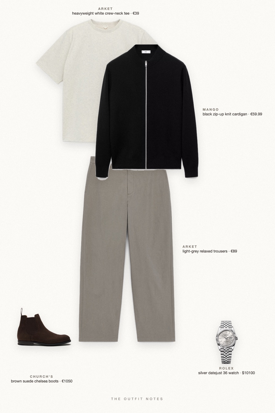 Flat-lay of the pieces in this outfit: black zip-up knit cardigan, heavyweight white crew-neck tee, light-grey relaxed trousers, brown suede chelsea boots, silver datejust 36 watch.