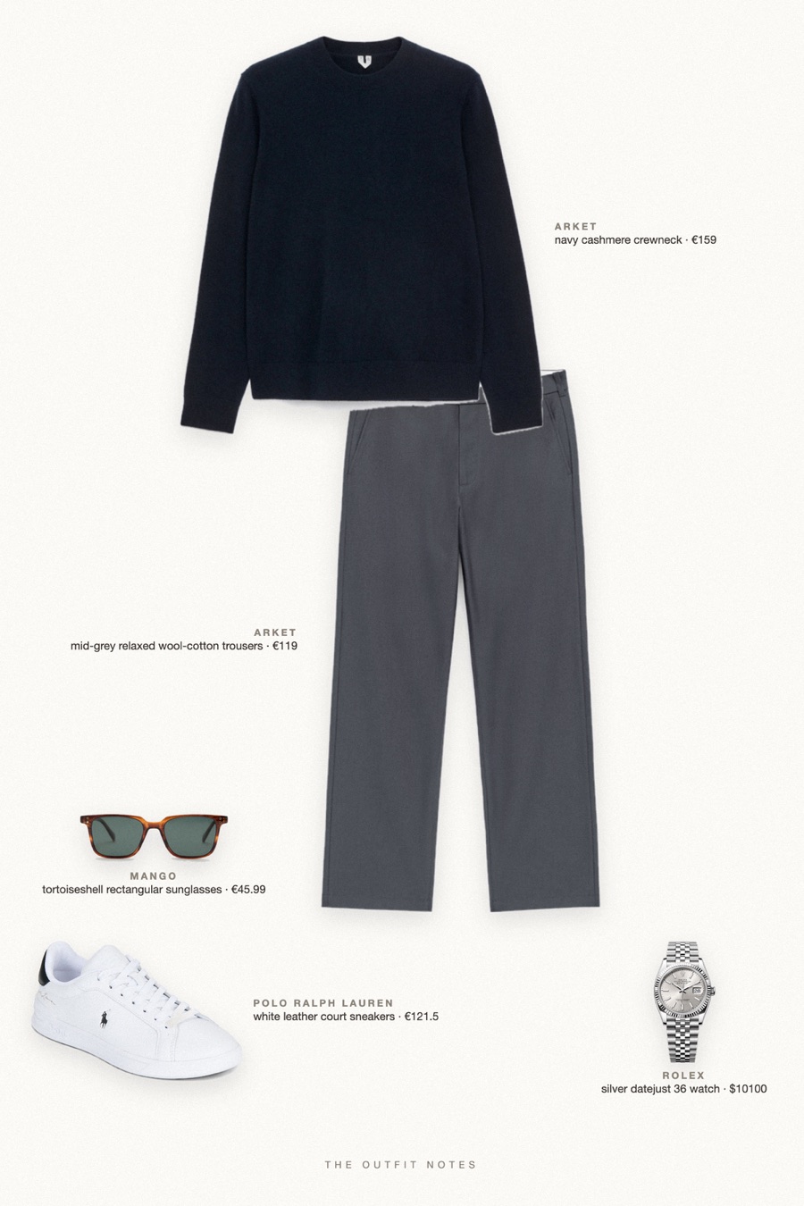 Flat-lay of the pieces in this outfit: navy cashmere crewneck, mid-grey relaxed wool-cotton trousers, white leather court sneakers, silver datejust 36 watch, tortoiseshell rectangular sunglasses.