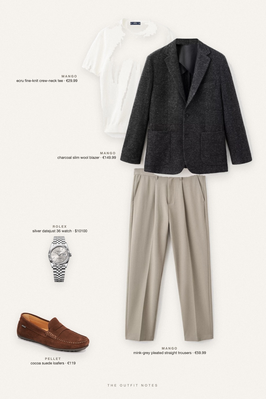 Flat-lay of the pieces in this outfit: charcoal slim wool blazer, ecru fine-knit crew-neck tee, mink-grey pleated straight trousers, cocoa suede loafers, silver datejust 36 watch.