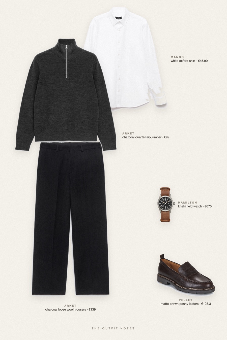 Flat-lay of the pieces in this outfit: charcoal quarter-zip jumper, white oxford shirt, charcoal loose wool trousers, matte brown penny loafers, khaki field watch.