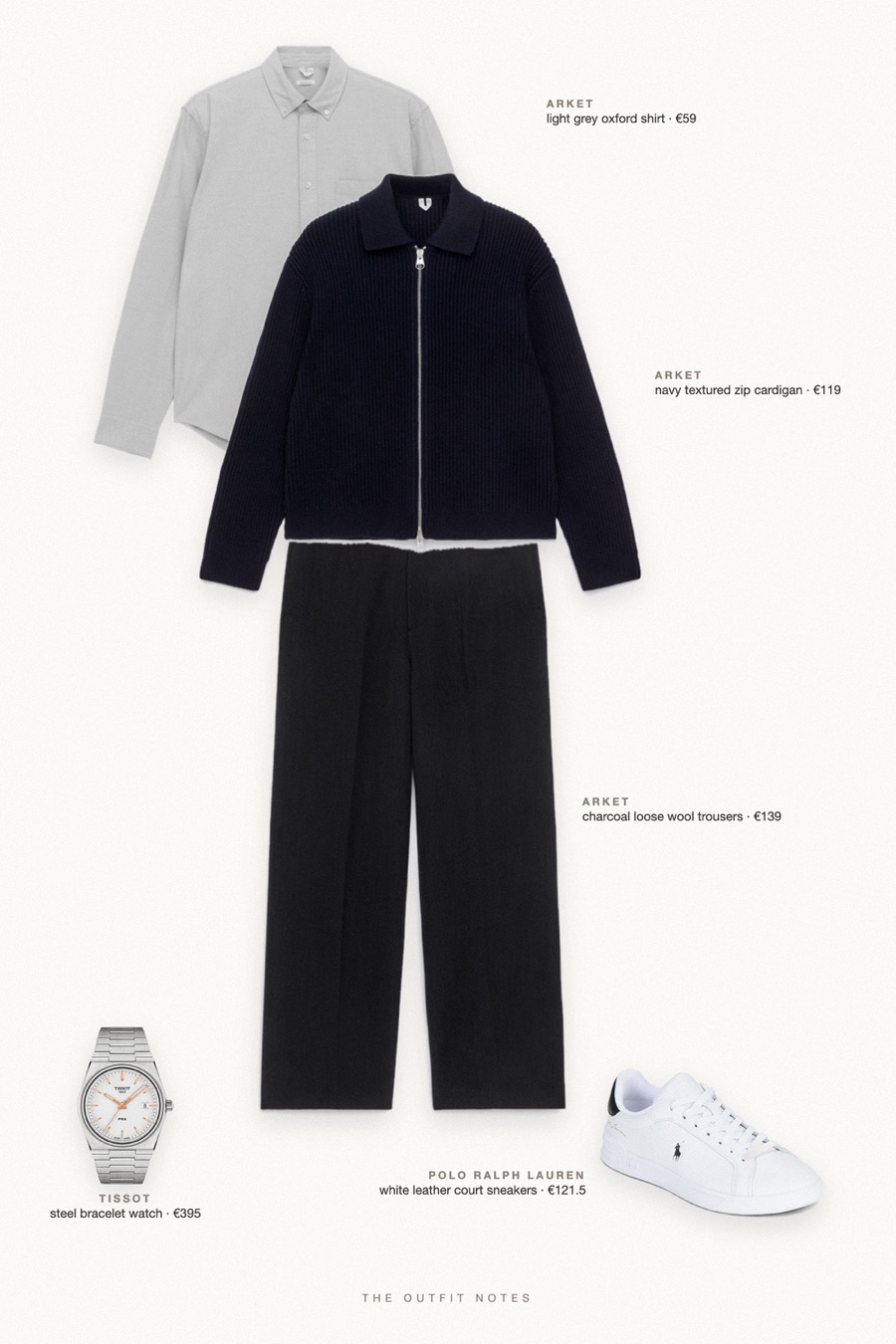 Flat-lay of the pieces in this outfit: navy textured zip cardigan, light grey oxford shirt, charcoal loose wool trousers, white leather court sneakers, steel bracelet watch.