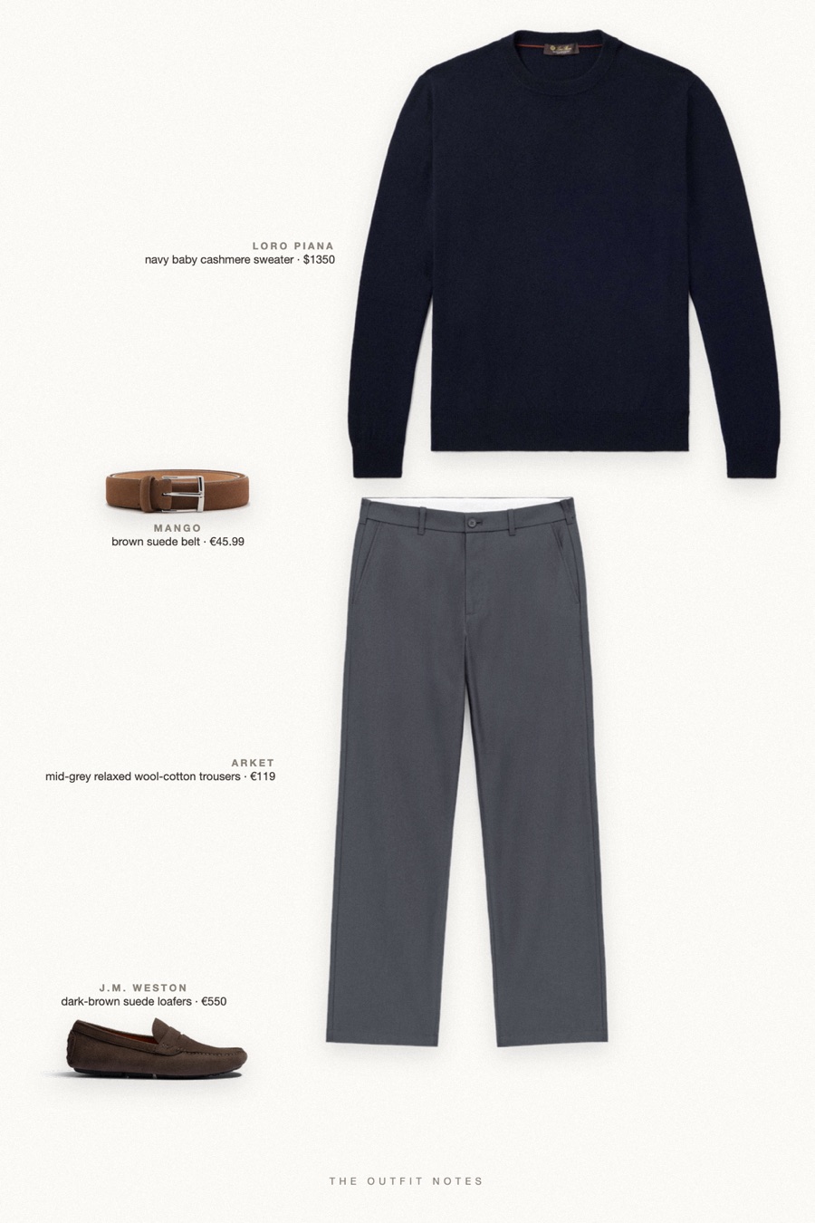 Flat-lay of the pieces in this outfit: navy baby cashmere sweater, mid-grey relaxed wool-cotton trousers, dark-brown suede loafers, brown suede belt.