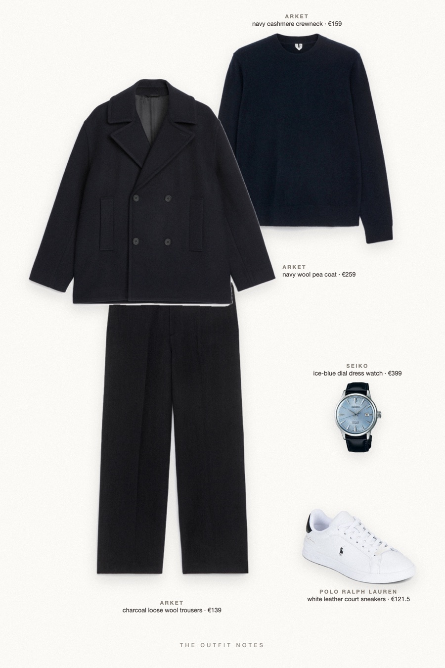 Flat-lay of the pieces in this outfit: navy wool pea coat, navy cashmere crewneck, charcoal loose wool trousers, white leather court sneakers, ice-blue dial dress watch.