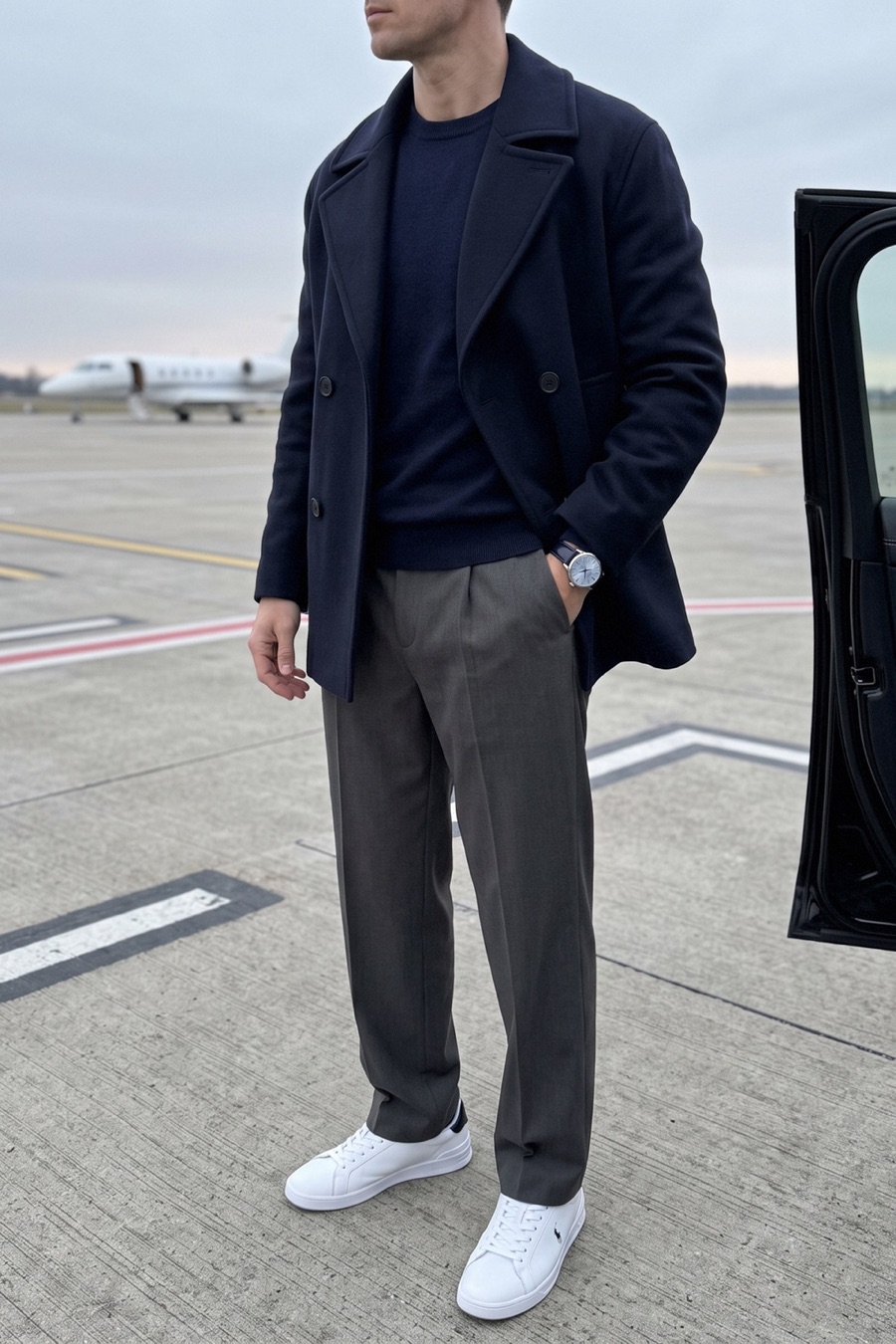 Faceless photo of a man in a navy pea coat, navy cashmere jumper and charcoal wool trousers with white sneakers on an airport tarmac beside a black car, Seiko watch visible.