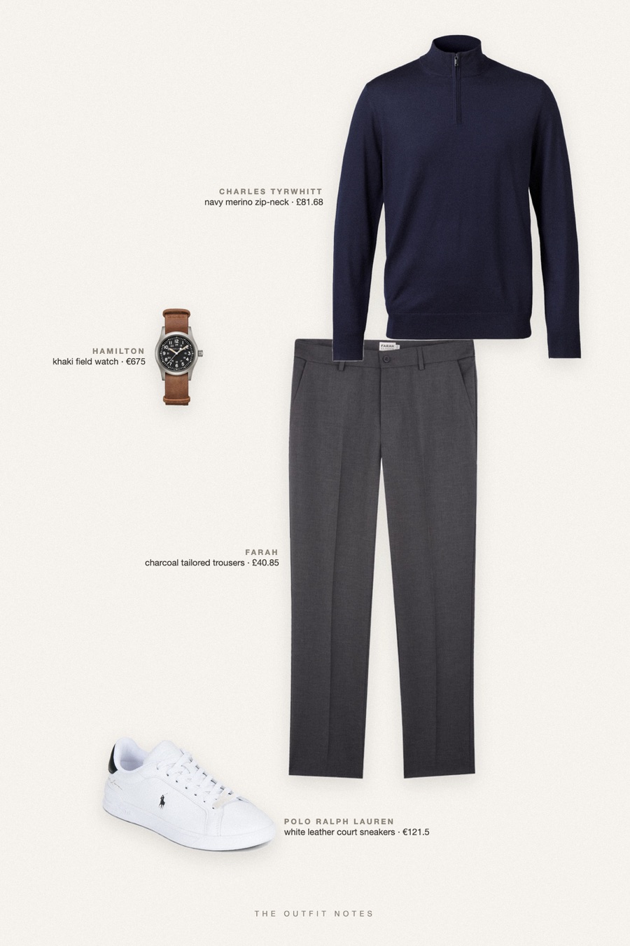 Flat-lay of the pieces in this outfit: navy merino zip-neck, charcoal tailored trousers, white leather court sneakers, khaki field watch.