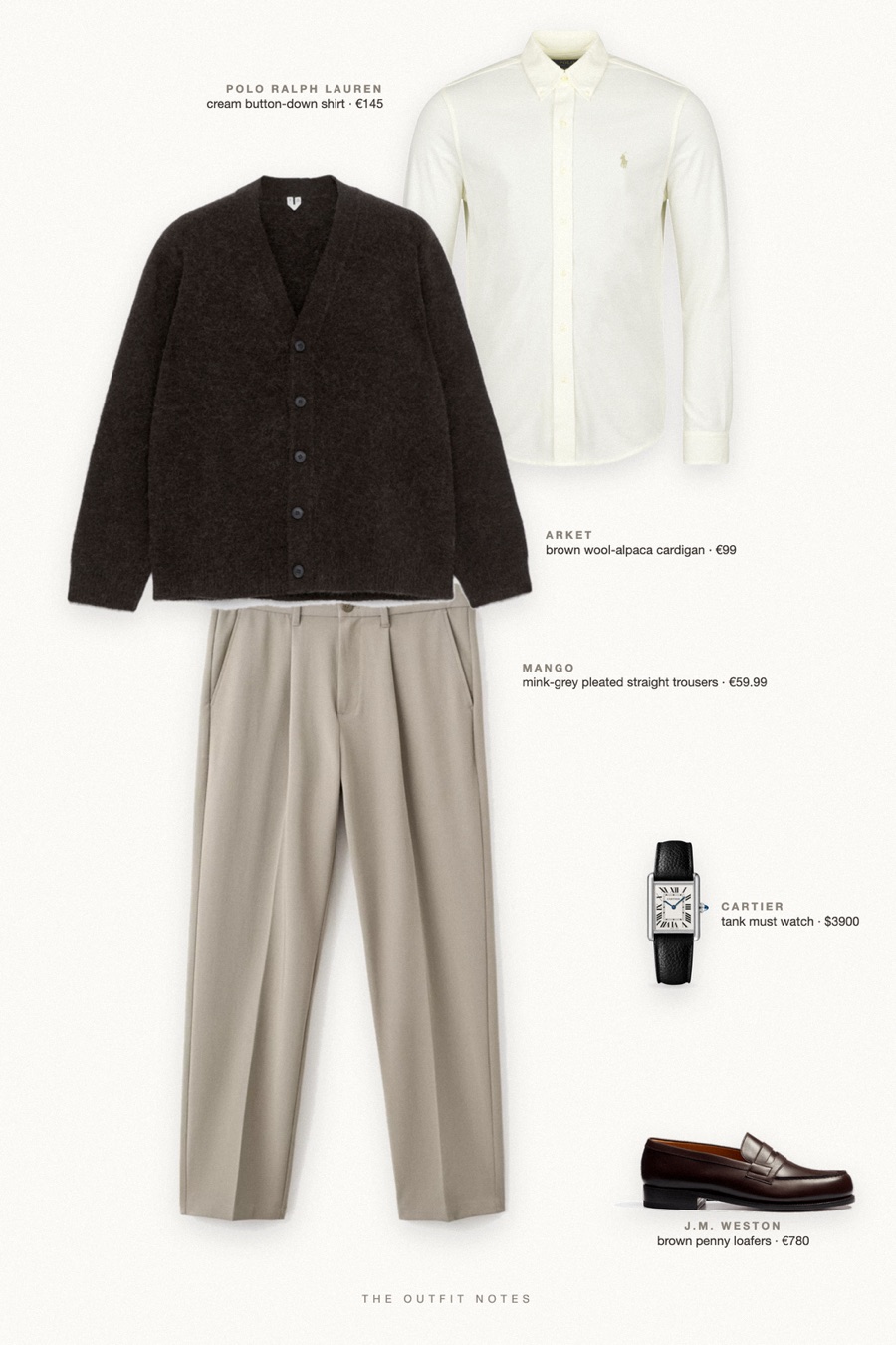 Flat-lay of the pieces in this outfit: brown wool-alpaca cardigan, cream button-down shirt, mink-grey pleated straight trousers, brown penny loafers, tank must watch.