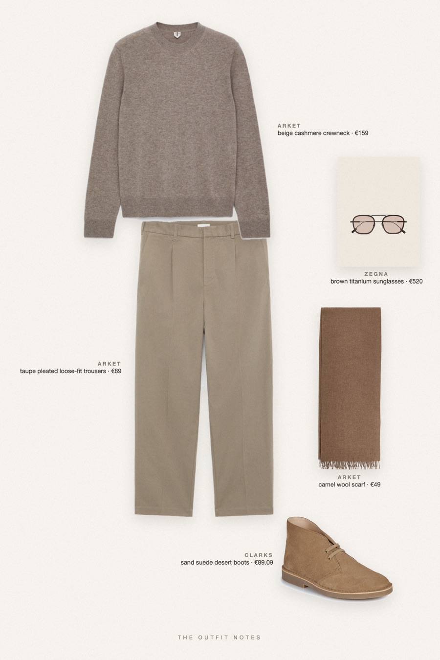Flat-lay of the pieces in this outfit: beige cashmere crewneck, taupe pleated loose-fit trousers, sand suede desert boots, camel wool scarf, brown titanium sunglasses.