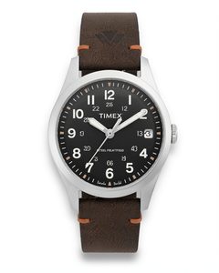 Timex Steel field watch, black dial, brown strap