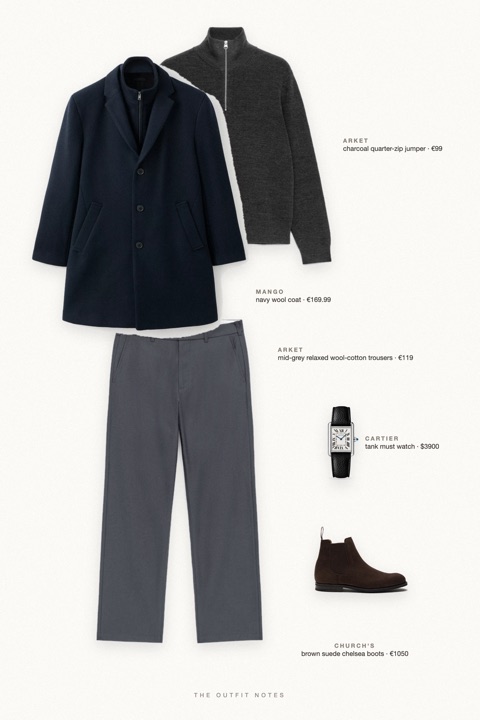 Flat-lay of the pieces in this outfit: navy wool coat, charcoal quarter-zip jumper, mid-grey relaxed wool-cotton trousers, brown suede chelsea boots, tank must watch.