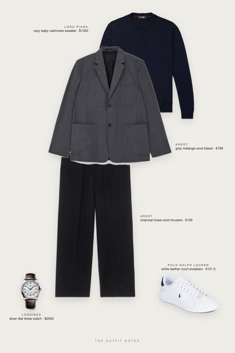 Flat-lay of the pieces in this outfit: grey melange wool blazer, navy baby cashmere sweater, charcoal loose wool trousers, white leather court sneakers, silver dial dress watch.