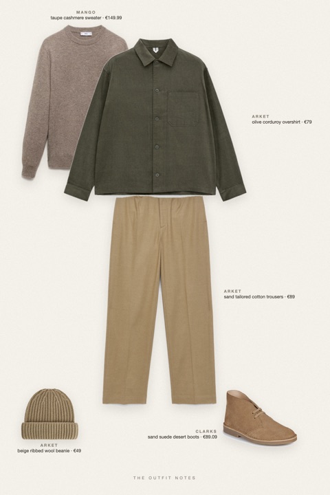 Flat-lay of the pieces in this outfit: olive corduroy overshirt, taupe cashmere sweater, sand tailored cotton trousers, sand suede desert boots, beige ribbed wool beanie.