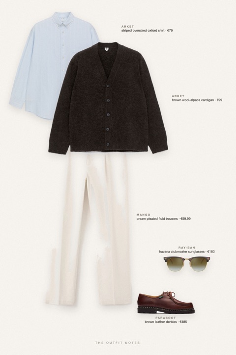 Flat-lay of the pieces in this outfit: brown wool-alpaca cardigan, striped oversized oxford shirt, cream pleated fluid trousers, brown leather derbies, havana clubmaster sunglasses.