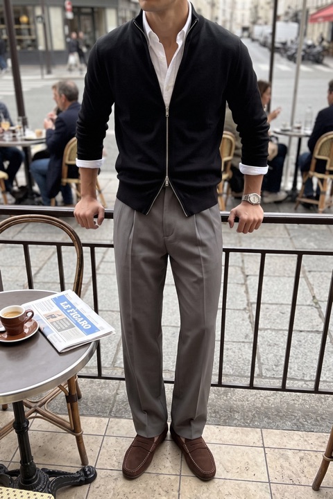 Faceless photo of a man at a café terrace table in a black zip cardigan over a white shirt, grey trousers and brown suede loafers, steel Rolex watch on wrist beside an espresso.