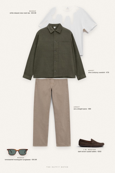 Flat-lay of the pieces in this outfit: olive corduroy overshirt, white relaxed crew-neck tee, ecru straight jeans, dark-brown suede loafers, tortoiseshell rectangular sunglasses.
