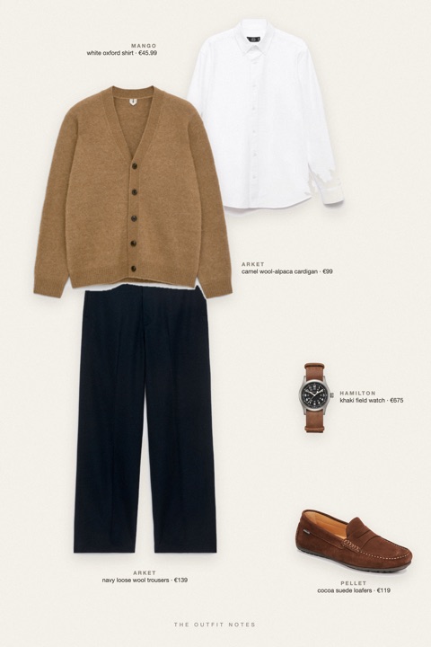 Flat-lay of the pieces in this outfit: camel wool-alpaca cardigan, white oxford shirt, navy loose wool trousers, cocoa suede loafers, khaki field watch.
