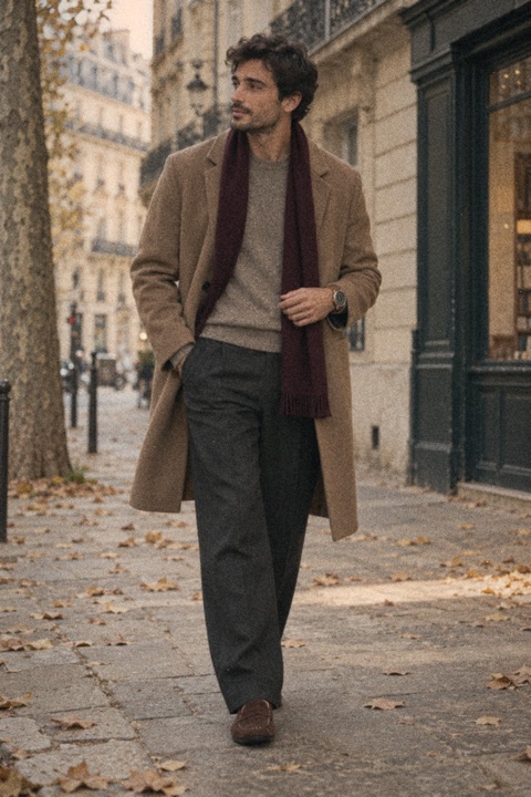 Man with dark wavy hair walking down a Paris street in autumn, wearing a long camel wool topcoat over a taupe cashmere sweater, charcoal trousers, cocoa suede loafers, a burgundy scarf and a field watch.