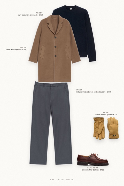 Flat-lay of the pieces in this outfit: camel wool topcoat, navy cashmere crewneck, mid-grey relaxed wool-cotton trousers, brown leather derbies, camel nubuck gloves.