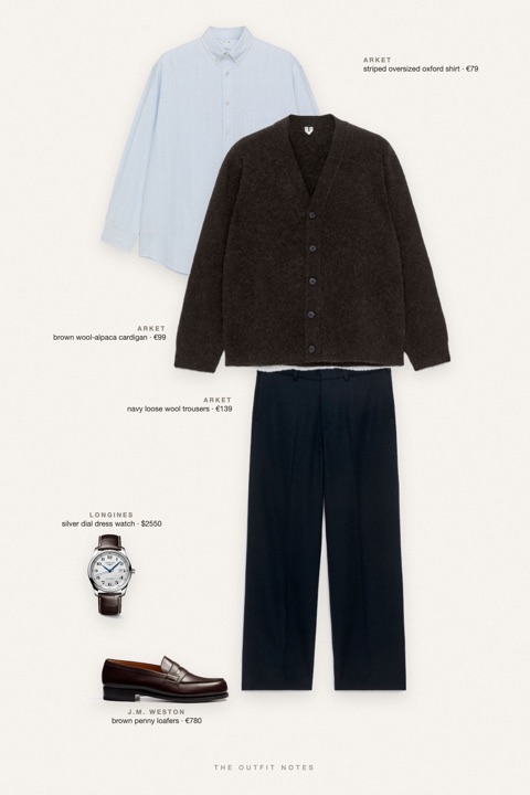 Flat-lay of the pieces in this outfit: brown wool-alpaca cardigan, striped oversized oxford shirt, navy loose wool trousers, brown penny loafers, silver dial dress watch.