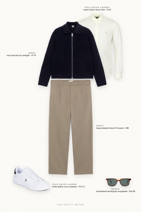 Flat-lay of the pieces in this outfit: navy textured zip cardigan, cream button-down shirt, taupe pleated loose-fit trousers, white leather court sneakers, tortoiseshell rectangular sunglasses.