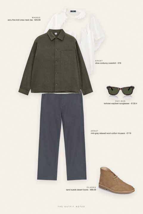 Flat-lay of the pieces in this outfit: olive corduroy overshirt, ecru fine-knit crew-neck tee, mid-grey relaxed wool-cotton trousers, sand suede desert boots, tortoise wayfarer sunglasses.