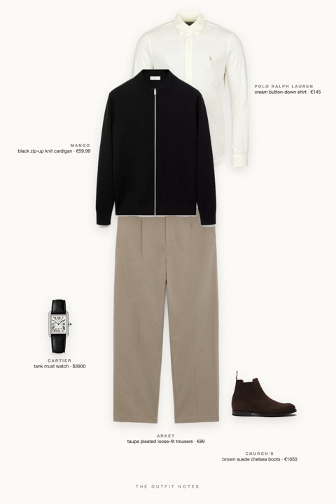 Flat-lay of the pieces in this outfit: black zip-up knit cardigan, cream button-down shirt, taupe pleated loose-fit trousers, brown suede chelsea boots, tank must watch.