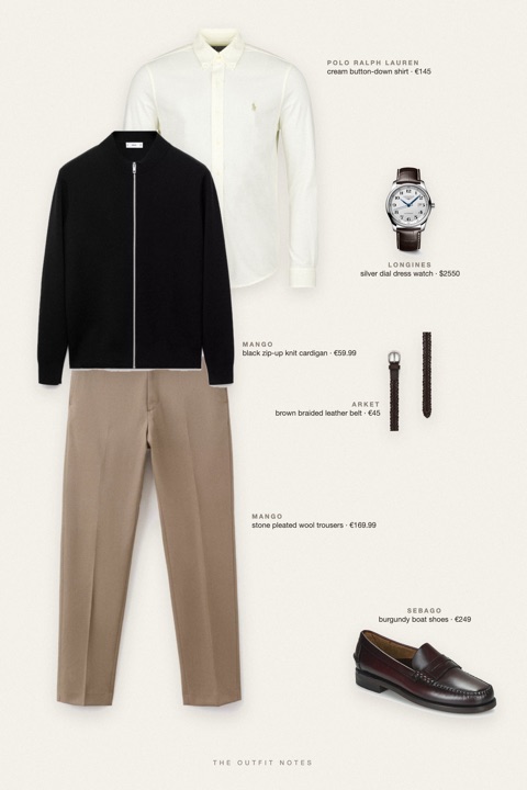 Flat-lay of the pieces in this outfit: black zip-up knit cardigan, cream button-down shirt, stone pleated wool trousers, burgundy boat shoes, brown braided leather belt, silver dial dress watch.