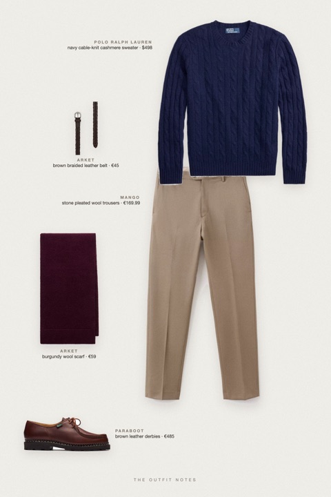 Flat-lay of the pieces in this outfit: navy cable-knit cashmere sweater, stone pleated wool trousers, brown leather derbies, burgundy wool scarf, brown braided leather belt.