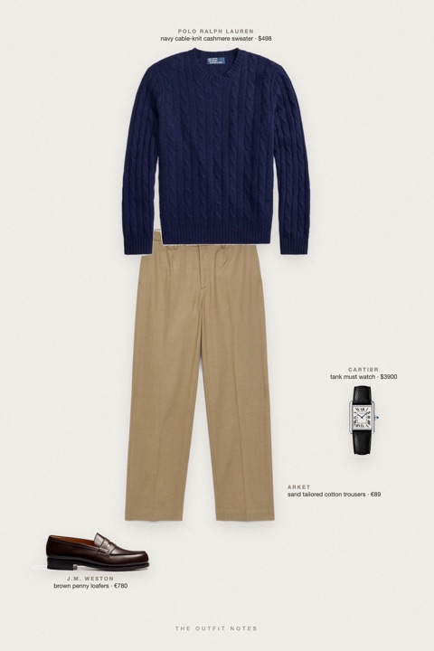 Flat-lay of the pieces in this outfit: navy cable-knit cashmere sweater, sand tailored cotton trousers, brown penny loafers, tank must watch.